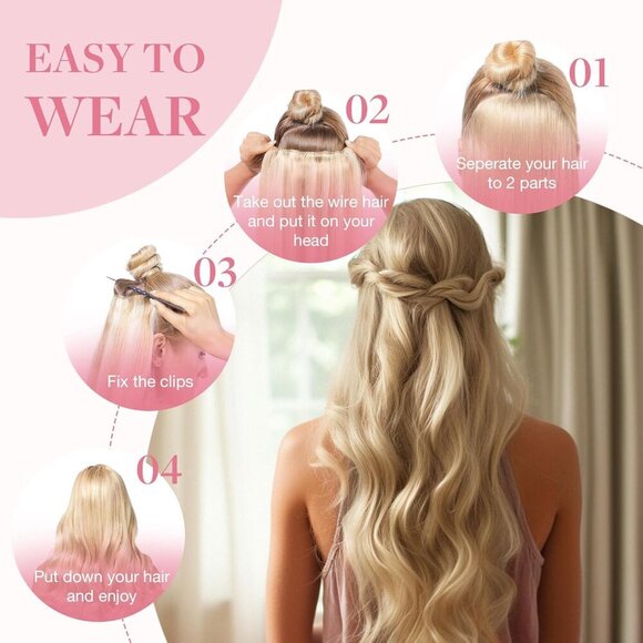 Wire Hair Extensions Human Hair, 16/22 Light Blondewith mix Golden Blonde Highli - Picture 5 of 8